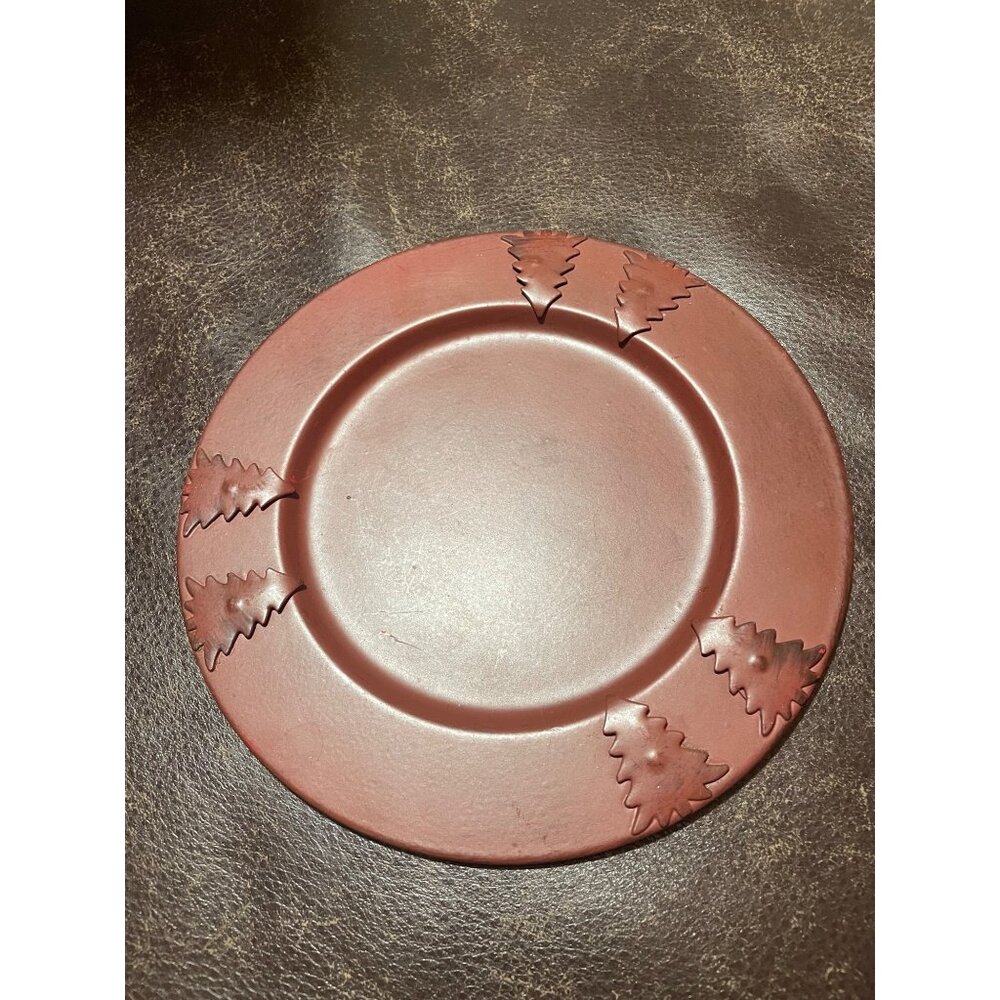 Rustic Red Metal Plate With Embossed Pine Trees Design -9.5" Diameter-Decoration